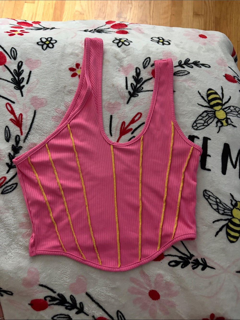 SHEIN Pink Ribbed Tank Top with Yellow Trim
